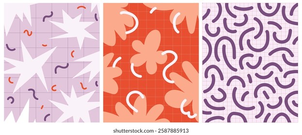 A collection of three modern abstract patterns featuring bold shapes, squiggles, and grid overlays in soft and vibrant colors, creating a trendy and playful aesthetic