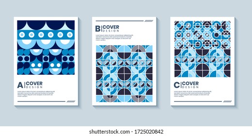 Colección de tres diseños de afiches abstractos modernos con composición de formas geométricas. Fondo de diseño geométrico azul para identidad de marca, álbum, afiche