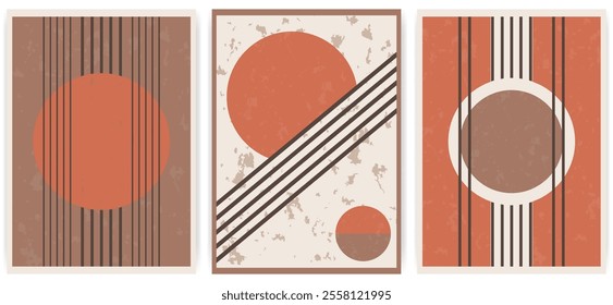 Collection of three modern boho style geometric posters featuring earthy tones, bold shapes, and textured patterns, ideal for contemporary decor or artistic expression. Midcentury wall decor.