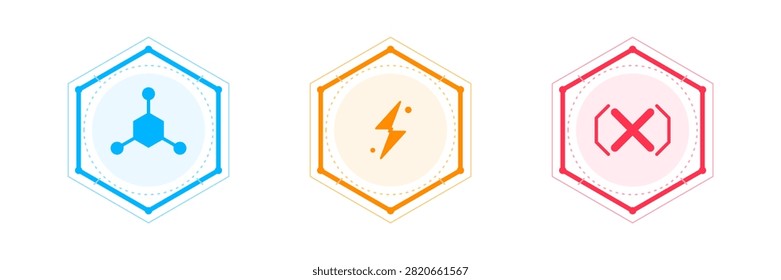 A collection of three modern hexagonal icons featuring a blue molecular structure, an orange lightning bolt, and a pink cross symbol, isolated on white background.