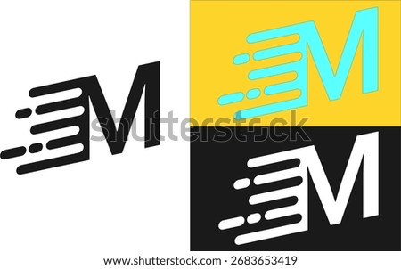 A collection of three modern logo designs featuring the letter M with speed lines, symbolizing motion and dynamism, presented in different color variations.
