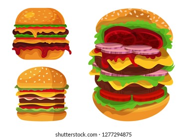 Collection of three monster burger illustrations with double or triple ingredients. Suitable for barbecue, grill, food related designs and more