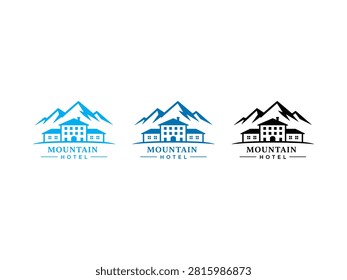 A collection of three mountain hotel logos featuring a classic resort building silhouette against a backdrop of rugged alpine peaks in blue and black colors.