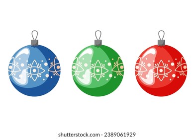 Collection of three multicolored Christmas balls in cartoon style. Retro, vintage Christmas tree decoration. Vector illustration isolated on a white background.