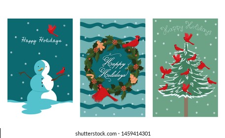 A collection of three New Year cards with a bird red cardinal. Vector graphics.