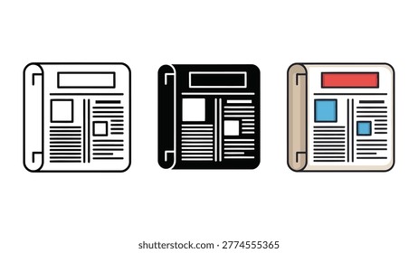 A collection of three newspaper icons presented in outline, silhouette, and color styles. Ideal for news, media, or informational graphics in web and print design.