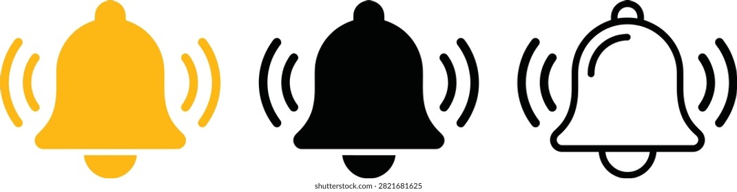 A collection of three notification bell icons featuring a solid yellow design, a solid black design, and a black outline design, isolated on white background.
