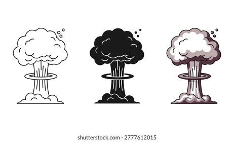 A collection of three nuclear explosion mushroom cloud icons rendered in outline, solid black silhouette, and flat colored vector styles.