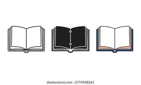 A collection of three open book illustrations in vector format, including outline, silhouette, and a colored version. Ideal for representing knowledge, education, and information in digital and print media.