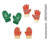 Collection of three pairs of winter handwear: green mittens with snowflakes, red gloves, and red patterned mittens.