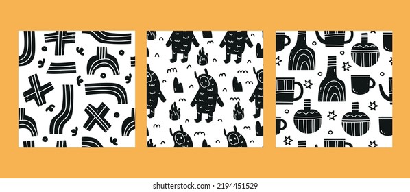 A collection of three patterns. Black patterns. Childish patterns with mug, vase, monster, abstract shapes. Background, wallpaper, Wrapping, textile template