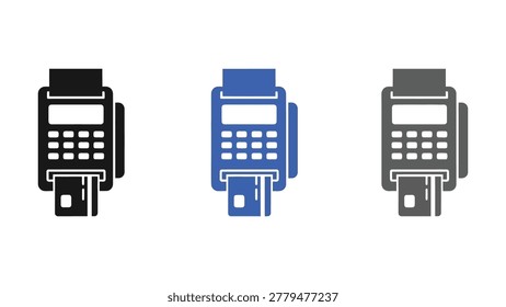 Collection of three payment terminals with credit cards inserted, symbolizing transaction and banking, terminal