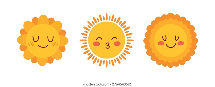 Collection of three peaceful sun characters representing sleep, joy, and friendliness. Perfect for bedtime stories, nursery wallpaper, and baby products.