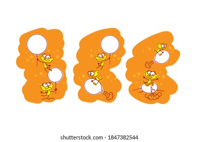 Collection of three pictures. Two funny cats are playing with balloons, different situations and poses. The color fill is made in the form of shapeless spots.