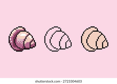 Una colección de tres conchas de mar en espiral rosa en estilo pixel art. El conjunto presenta una versión sombreada muy detallada con reflejos nacarados, un contorno de arte lineal limpio y una base de color plano. Perfecto para juegos con temática de playa, niveles submarinos e iconos de inventario de RPG.