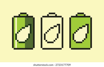 Eine Sammlung von drei Pixel-Art-Batteriesymbolen mit einem Blattsymbol, das grüne Energie, Energiesparmodus und nachhaltige Technologie darstellt. Hochwertige 8-Bit-Digitalkunst auf weichgelbem Hintergrund.