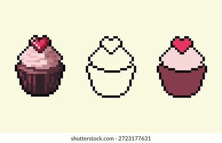 Una colección de tres íconos de cupcake de arte de píxeles con una romántica base de chocolate, glaseado rosa y un adorno de corazón rojo.