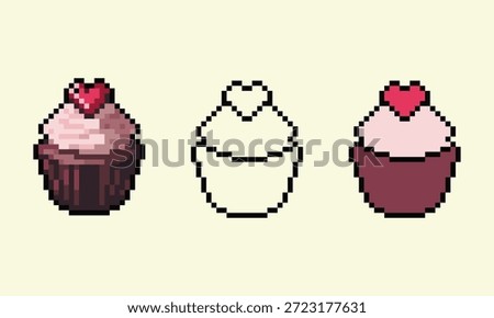 A collection of three pixel art cupcake icons featuring a romantic chocolate base, pink frosting, and a red heart topper.