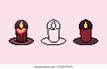 Eine Sammlung von drei Pixel Art Icons mit einer hellroten Kerze auf einer kleinen Untertasse. Das Set enthält eine detaillierte Version mit einer warmen leuchtenden Flamme und einem schmelzenden Wachs, einen minimalistischen schwarzen Umriss und ein flaches 2D-Farbdesign