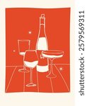 A collection of three posters in a whimsical and charming trendy style. The posters feature elegant glasses and bottles of wine, including a wine club poster. Hand draw la dolce vita doodles