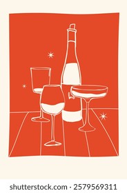 A collection of three posters in a whimsical and charming trendy style. The posters feature elegant glasses and bottles of wine, including a wine club poster. Hand draw la dolce vita doodles