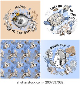 Collection of three print and one seamless pattern. Turtle, corals, shells and fishes in the sea.
Underwater world. Textile composition, hand drawn style print. Vector illustration.