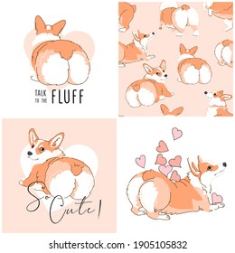 Collection of three prints and one seamless pattern. Portrait of a cute Dog with a crown. Funny Pembroke Welsh Corgi. Back. Humor textile composition, hand drawn style print. Vector illustration.