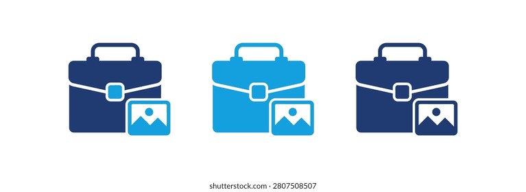 A collection of three professional briefcase icons in different shades of blue featuring a small picture icon representing a creative portfolio or digital asset management