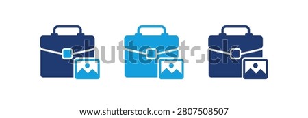 A collection of three professional briefcase icons in different shades of blue featuring a small picture icon representing a creative portfolio or digital asset management