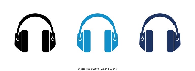 A collection of three protective earmuff icons displayed in black light blue and dark blue colors representing safety equipment for noise reduction in industrial environments