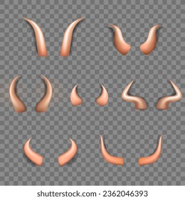 Collection of three realistic three dimensional devil horns. Beige glossy daemon horns isolated on transparent background. Satan decoration, Monster carnival element. Vector illustration EPS 10