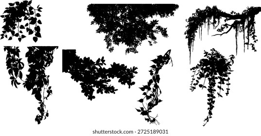 Coleção de três silhuetas de árvore realistas com folhas detalhadas e ramos. Árvores de vetor preto de alta qualidade isoladas sobre fundo branco. Perfeito para renderização arquitetônica, design de paisagem