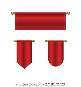 Una colección de tres Ilustraciones vectoriales realistas de Anuncios rojos profundos o banderas colgando de varillas de oro decorativas. Uno es un Anuncio Horizontal ancho, uno es un Anuncio de Vertical con un fondo puntiagudo,