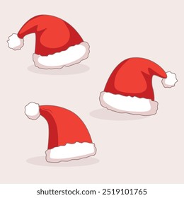 A collection of three red Santa hats with fluffy white trim and cartoon style pom poms. Ideal for Christmas decorations, holiday themed illustrations and holiday projects.