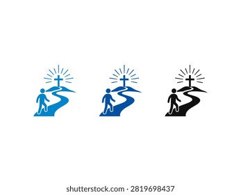 A collection of three religious icons featuring a silhouette walking along a winding road leading to a holy cross on a hill with light rays