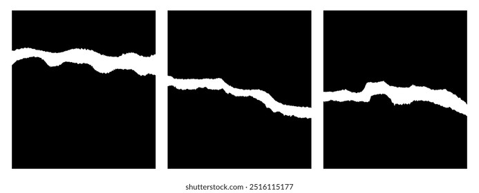 Collection of three ripped black paper borders on a white background, creating a rough and textured edge