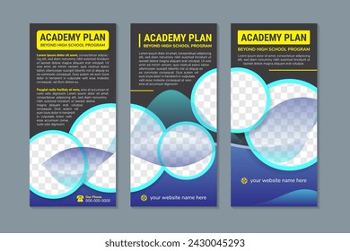 collection of three roll up banner design with headline academy plan. vertical layout with black background. gradient blue element. space for photo collage. Vector illustration for marketing product