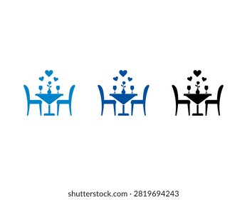 A collection of three romantic dinner icons featuring a table for two with chairs hearts wine glasses and a flower vase in blue and black colors