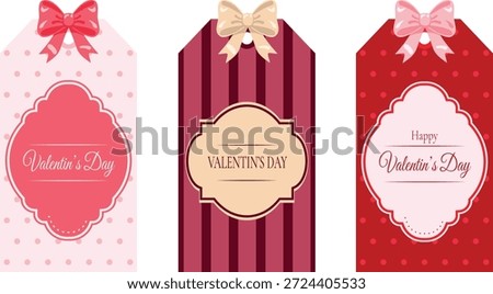 A collection of three romantic Valentine's Day gift tags featuring pink and red patterns, ornate frames, and decorative bows for holiday presents.