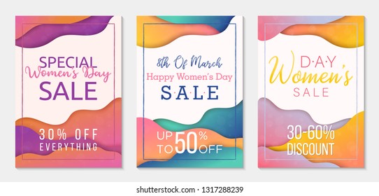 Collection of three sale banner templates to Womens Day. Paper cut style backgrounds. Colorful templates for business