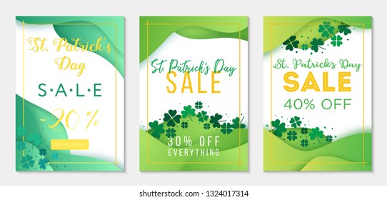 Collection of three sale banner templates to St Patricks Day. Paper cut style, green backgrounds with clovers
