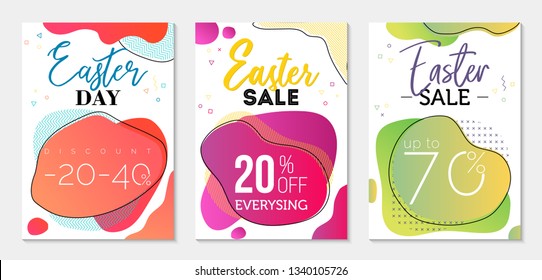 Collection of three sale vouchers to Easter Day. Colorful pink, green and red dual-gradient liquid forms and geometric elements on background