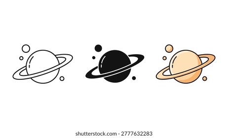 A collection of three Saturn planet icons featuring ring systems and small moons in line art, solid black, and colored design variations.