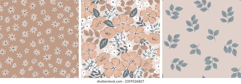 Collection of three Scandinavian plant patterns. Neutral pastel tones, seamless illustration. Romantic flowers, leafs, set of botanical wallpaper.