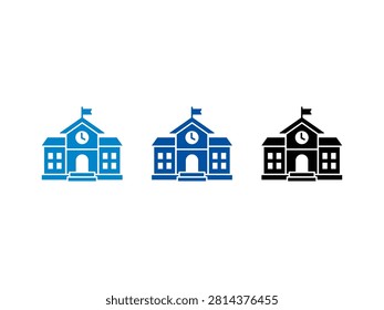 A collection of three school building icons featuring a central clock tower and flag in various shades of blue and solid black