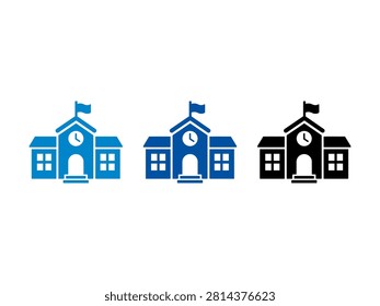 A collection of three school building icons featuring a central clock tower and flag on top in various shades of blue and solid black