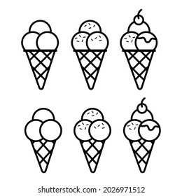 Collection three scoops of ice cream cone outline icons set on a white background. Vector illustration. Eps 10.