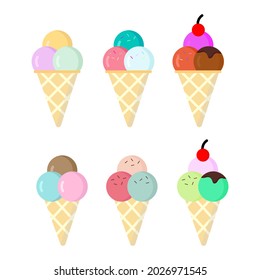 Collection three scoops of ice cream cone icons set on a white background. Full color. Vector illustration. Eps 10.