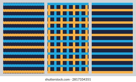Collection of three seamless geometric stripe patterns featuring bold blue, orange, and black color combinations. Perfect for modern textiles, packaging, wallpapers, branding, and decorative surface design.
