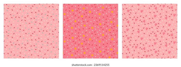 Collection of three seamless pattern with decorative bright sprinkles texture on pink background.